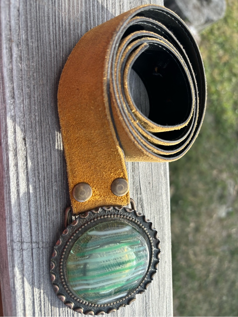 Suede Yellow Leather Women’s Belt with Green Handblown Glass Buckle